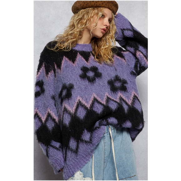 POL Purple Fuzzy Round Neck Floral Print Loose Fit Sweater top - Picture 1 of 7